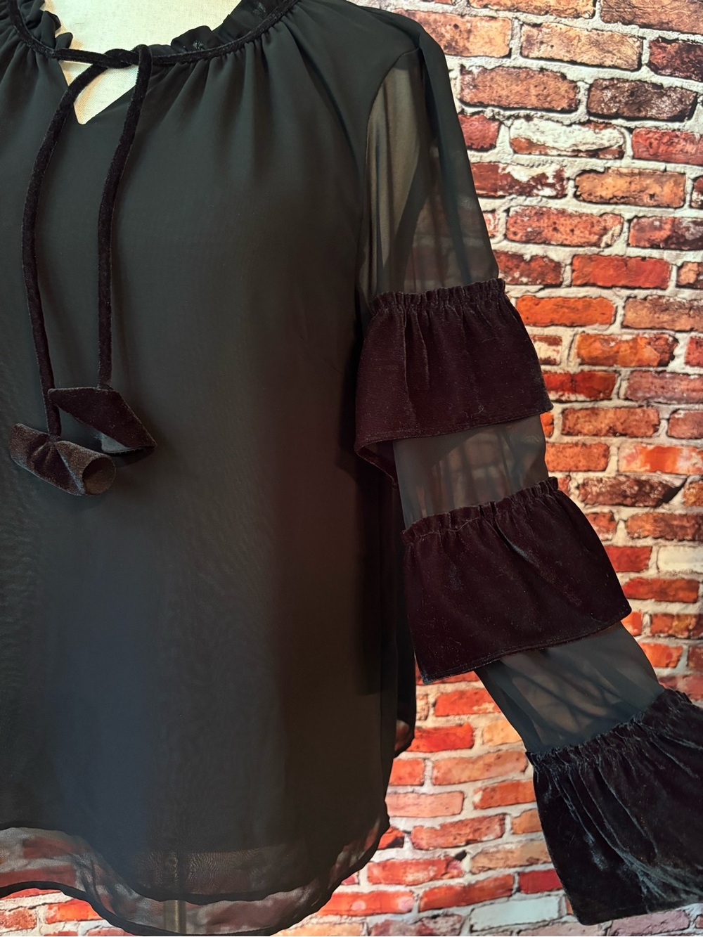 Style & Co. Black Sheer Velvet Ruffle Tier Sleeves Sheer Blouse Goth Medium